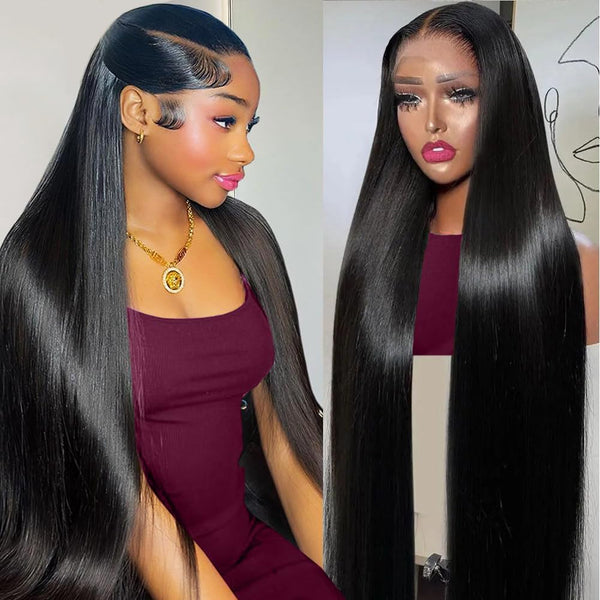 34-Inch Human Hair Lace Front Wig, 200 Density, 13x4 HD Pre-Plucked, Glueless, Straight, Natural Color for Women