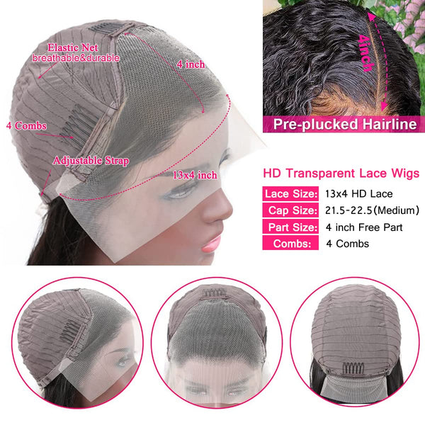 28-Inch Deep Wave Lace Front Wig - 13x4 HD Transparent Lace Frontal Human Hair Wig for Women, Brazilian Curly Glueless Design, Pre-Plucked Natural Black Color