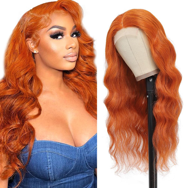 22-Inch Orange Body Wave Lace Front Wig with 4X4 HD Transparent Closure - Pre-Plucked Brazilian Human Hair Glueless Wig with Baby Hair