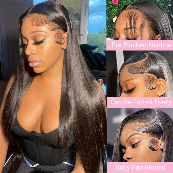 Premium 28-Inch Straight Lace Front Wig - 13X4 HD Lace, Pre-Plucked 180 Density, Glueless Design for Black Women with Baby Hair