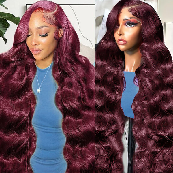 26-Inch 99J Burgundy Lace Front Wig - Human Hair, Pre-Plucked, 200% Density, Body Wave, HD Transparent Full Frontal 13X6, Glueless Colored Natural Wig for Women