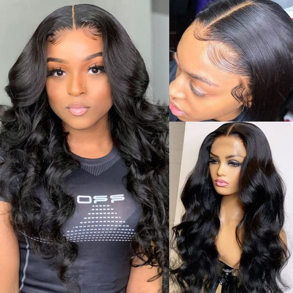 18-Inch Pre-Plucked HD Lace Front Body Wave Wig - 180 Density Brazilian Virgin Human Hair, Glueless, Natural Black for Women