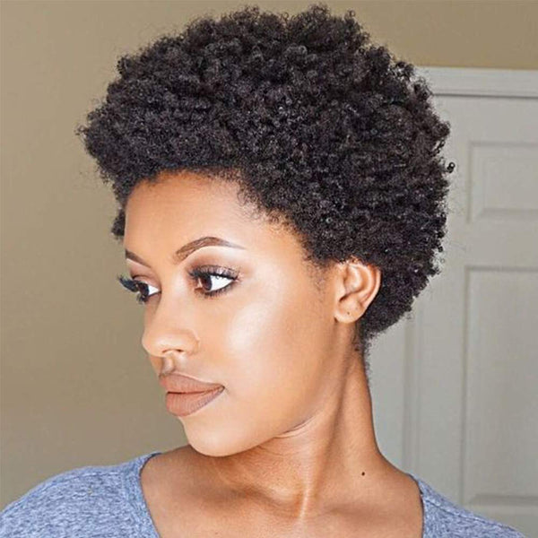 Short Afro Kinky Curly Wigs - 100% Human Hair Pixie Cut, Brazilian Virgin Hair in Natural Color