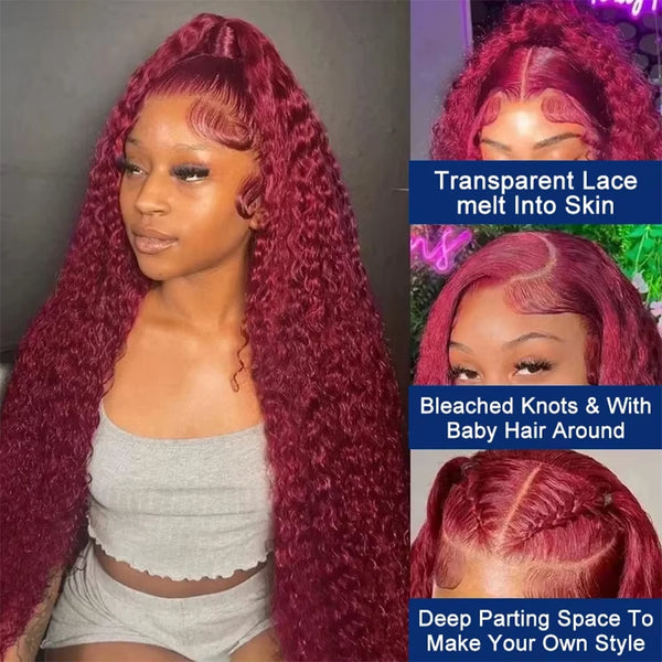 99J Burgundy Lace Front Wig - 13X4 Curly Human Hair with HD Lace and 13X6 Deep Wave Frontal