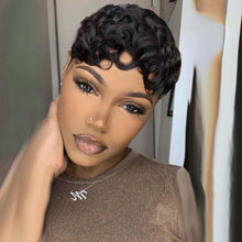 Human Hair Short Pixie Cut Wig for Black Women, Glueless, Pre-Plucked Curly Style with Bangs, 22.25 Inches, Color 1B#