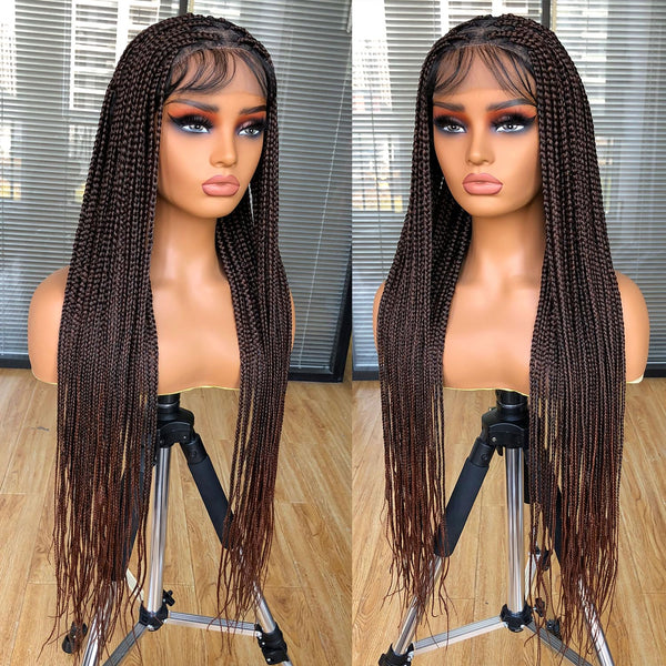 Runm 36" Double Lace Front Box Braided Wig for Black Women - Synthetic Ombre Brown Hand-Braided Lace Frontal Wig with Baby Hair