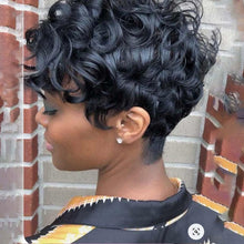 Human Hair Short Pixie Cut Wig for Black Women, Glueless, Pre-Plucked Curly Style with Bangs, 22.25 Inches, Color 1B#