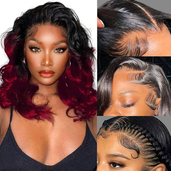 18-Inch Body Wave Lace Front Wig - Human Hair Ocean Wave 13X4 HD Transparent 360° Full Lace Ombre Frontal Wig, Pre-Plucked with Baby Hair, 12A Glueless for Women in Tt1B/Bug (Black Red)
