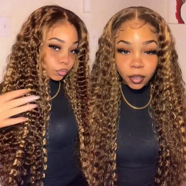 26-Inch 13X6 Highlight Ombre Deep Wave Lace Front Wig - Pre-Plucked Human Hair #4/27 Glueless Water Wave Honey Blonde Curly Lace Frontal Wig for Women