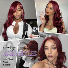 26-Inch 99J Burgundy Lace Front Wig - Human Hair, Pre-Plucked, 200% Density, Body Wave, HD Transparent Full Frontal 13X6, Glueless Colored Natural Wig for Women
