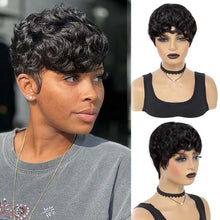 Human Hair Short Pixie Cut Wig for Black Women, Glueless, Pre-Plucked Curly Style with Bangs, 22.25 Inches, Color 1B#