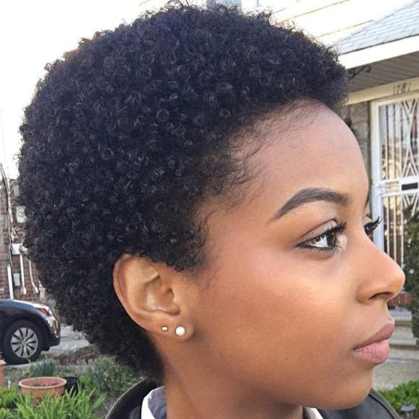 Short Afro Kinky Curly Wigs - 100% Human Hair Pixie Cut, Brazilian Virgin Hair in Natural Color