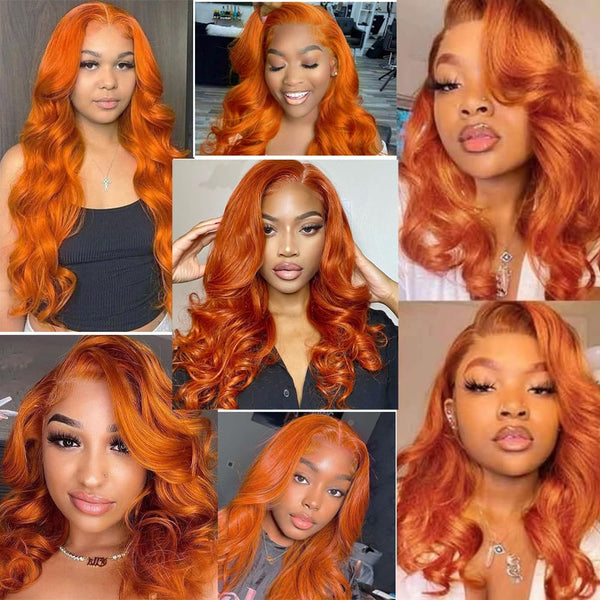 22-Inch Orange Body Wave Lace Front Wig with 4X4 HD Transparent Closure - Pre-Plucked Brazilian Human Hair Glueless Wig with Baby Hair