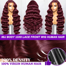 26-Inch 99J Burgundy Lace Front Wig - Human Hair, Pre-Plucked, 200% Density, Body Wave, HD Transparent Full Frontal 13X6, Glueless Colored Natural Wig for Women