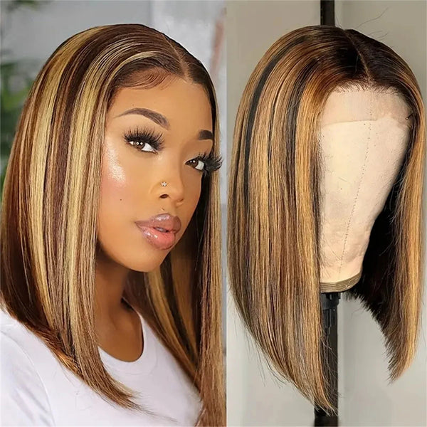 13x4 Transparent Lace Front Bob Wig Human Hair Ombre Honey Blonde 13x4 Wigs 10-16inch  4/27 Colored Transparent Frontal Lace Wig Neomi’ Tress and Trend