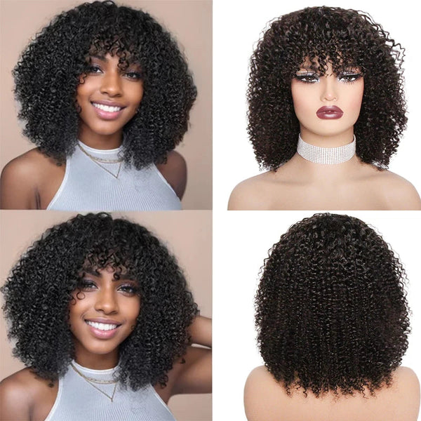 Human Hair Curly Wig With Bangs Natural Brazilian Hair Wigs For Women Short Curly Bob Wigs With Fringe 180% D Full Machine Wigs Neomi’ Tress and Trend