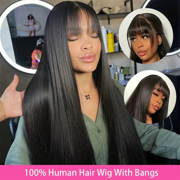 Silky Wig Human Hair Full Machine Made Straight 100% Human Hair Wigs With Bangs For Women Brazilian Cheap Wig On Sale Clearance Neomi’ Tress and Trend
