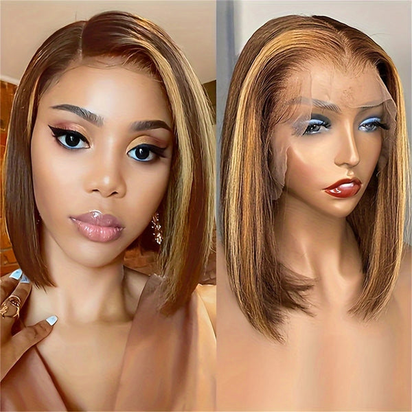 13x4 Transparent Lace Front Bob Wig Human Hair Ombre Honey Blonde 13x4 Wigs 10-16inch  4/27 Colored Transparent Frontal Lace Wig Neomi’ Tress and Trend