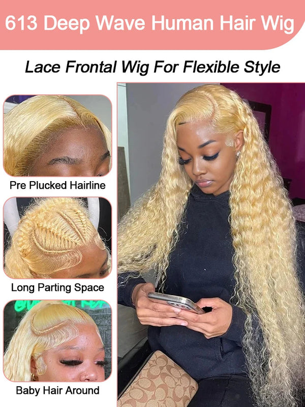 613 Blonde HD Lace Frontal Wig 13x4 13×6 Deep Wave Lace Front Human Hair Wig Colored Curly Wigs Water Wave Wigs For Women ﻿ ﻿ Neomi’ Tress and Trend