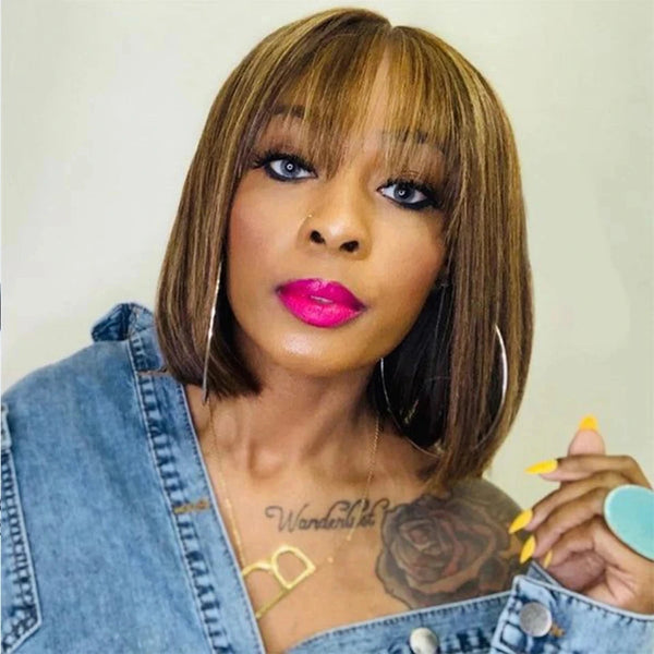 100% Human Hair Wig With Bangs Brazilian Straight Bangs Bob Wigs Full Machine Made Wig For Women Short Bob Wigs Neomi’ Tress and Trend