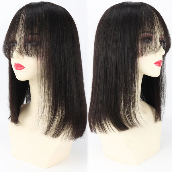 14“ Human Hair Wig for Women 6X6” Silk Top with PU Around Bob Hair with Bangs Soft Breathable Natural Scalp Free Part Neomi’ Tress and Trend