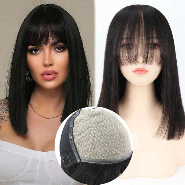 14“ Human Hair Wig for Women 6X6” Silk Top with PU Around Bob Hair with Bangs Soft Breathable Natural Scalp Free Part Neomi’ Tress and Trend