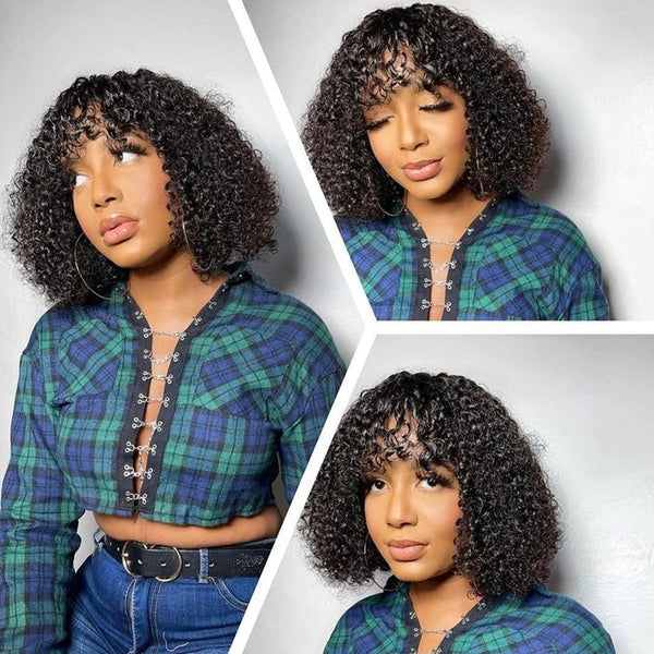 Curly Human Hair Wigs For Women 100% Human Hair Bob Wig Kinky Curly Wig With Bangs Perruque Cheveux Humain Full Machine Made Wig Neomi’ Tress and Trend