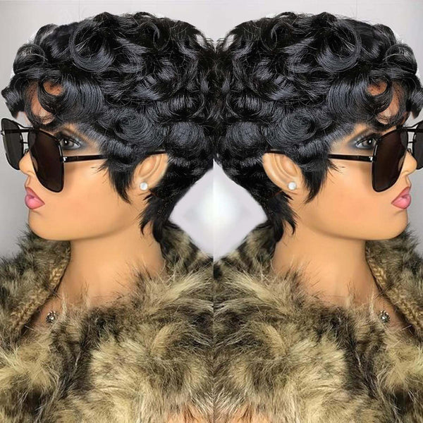 Human Hair Short Pixie Cut Wig for Black Women, Glueless, Pre-Plucked Curly Style with Bangs, 22.25 Inches, Color 1B#