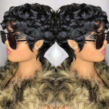 Human Hair Short Pixie Cut Wig for Black Women, Glueless, Pre-Plucked Curly Style with Bangs, 22.25 Inches, Color 1B#