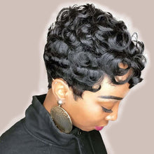 Human Hair Short Pixie Cut Wig for Black Women, Glueless, Pre-Plucked Curly Style with Bangs, 22.25 Inches, Color 1B#