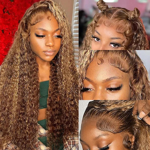 26-Inch 13X6 Highlight Ombre Deep Wave Lace Front Wig - Pre-Plucked Human Hair #4/27 Glueless Water Wave Honey Blonde Curly Lace Frontal Wig for Women