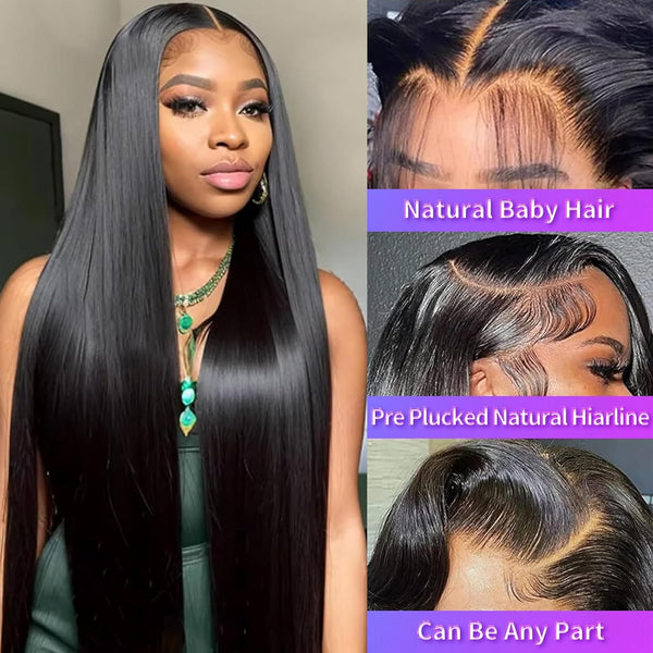 28-Inch 13X4 HD Transparent Lace Front Wig - 180 Density Straight Human Hair Wig for Women with Pre-Plucked Baby Hair in Natural Black