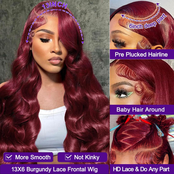26-Inch 99J Burgundy Lace Front Wig - Human Hair, Pre-Plucked, 200% Density, Body Wave, HD Transparent Full Frontal 13X6, Glueless Colored Natural Wig for Women