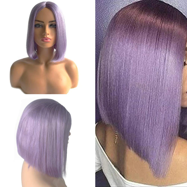 Lilac Blunt Cut Bob Wig - 10 Inch Brazilian Remy Human Hair, Non Lace Front, Middle Part, 180% Density, Ideal for Black Women