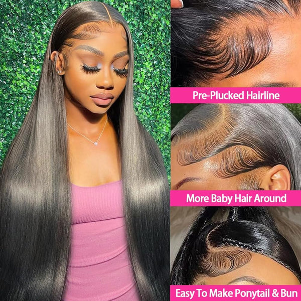 34-Inch Human Hair Lace Front Wig, 200 Density, 13x4 HD Pre-Plucked, Glueless, Straight, Natural Color for Women
